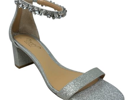 Katerina Embellished Ankle Strap Glitter Shoes Heels Block By Badgley Mischka In Silver, Size: 7.5 on Sale