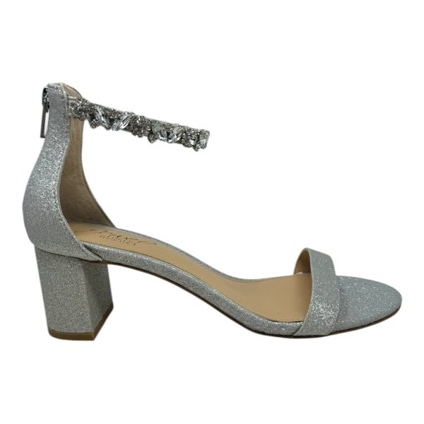 Katerina Embellished Ankle Strap Glitter Shoes Heels Block By Badgley Mischka In Silver, Size: 7.5 on Sale